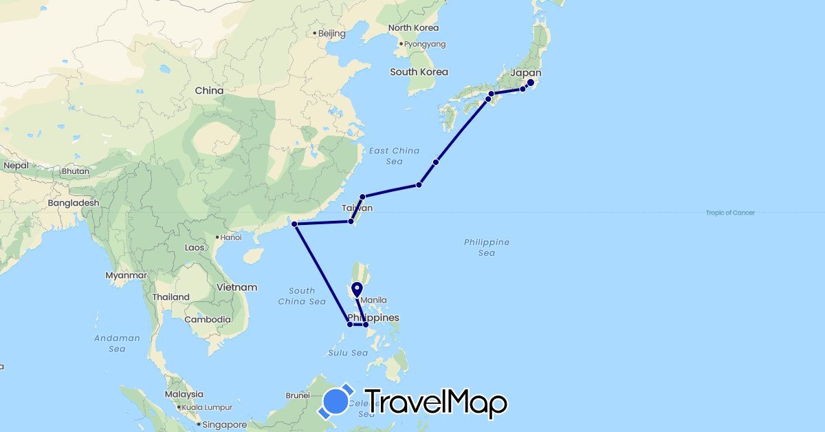 TravelMap itinerary: driving in China, Japan, Philippines, Taiwan (Asia)